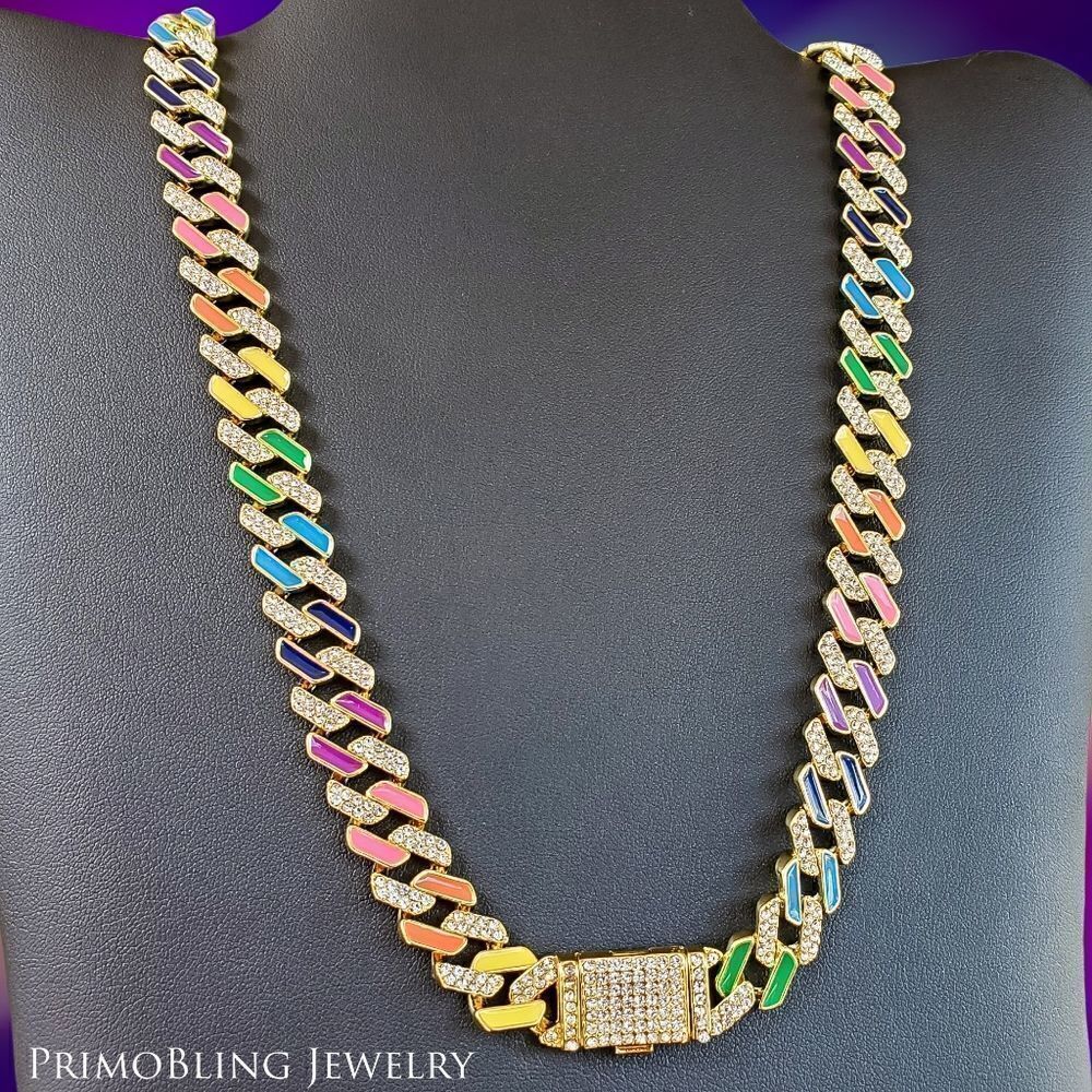 20" Gold Iced Out Multicolor Cuban Link Chain - Picture 2 of 2
